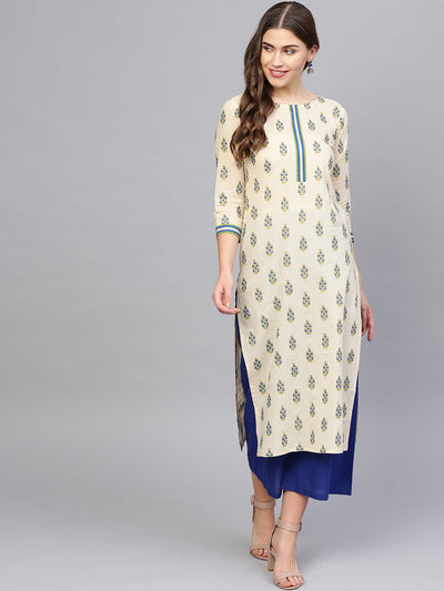 Women Cream-Coloured & Blue Printed Kurta with Palazzos