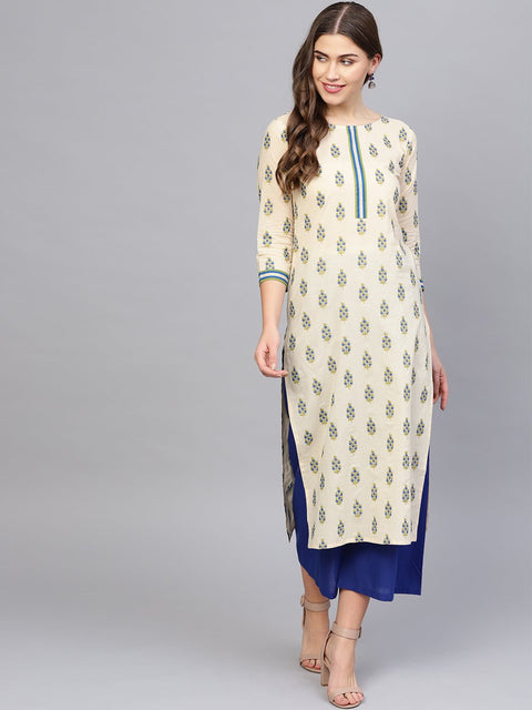 Women Cream-Coloured & Blue Printed Kurta with Palazzos