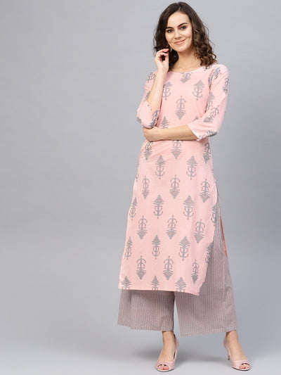 Women Pink & Teal Blue Printed Kurta with Palazzos