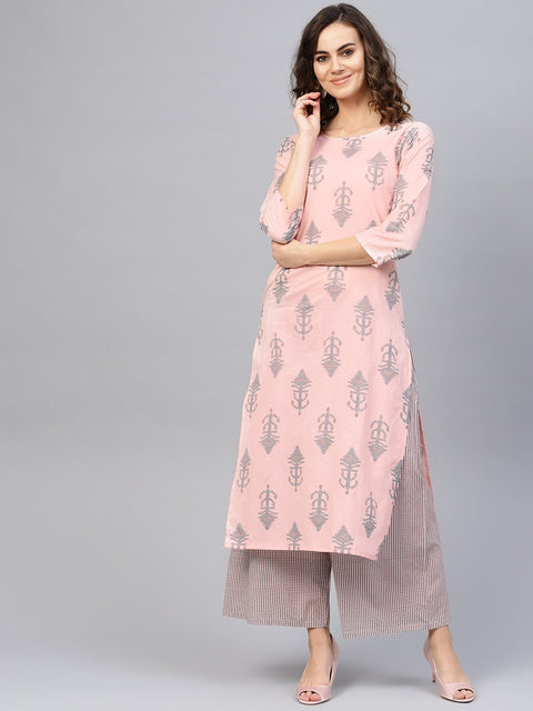 Women Pink & Teal Blue Printed Kurta with Palazzos