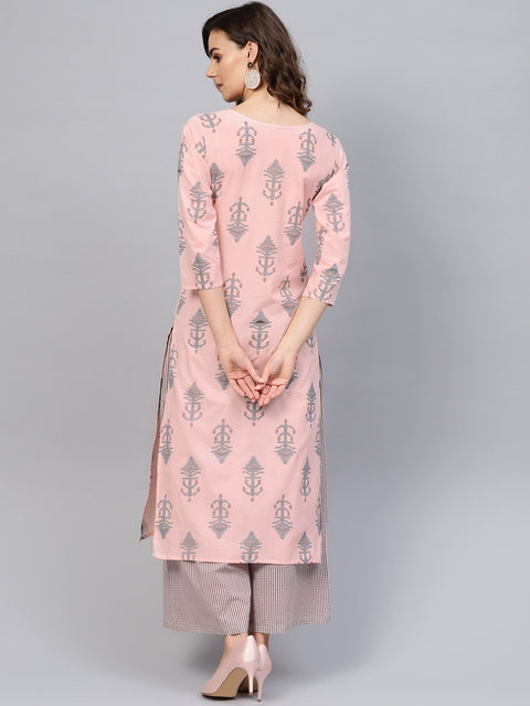Women Pink & Teal Blue Printed Kurta with Palazzos