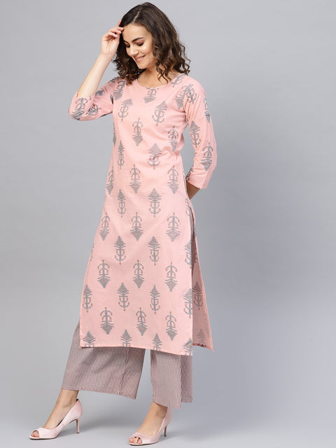 Women Pink & Teal Blue Printed Kurta with Palazzos