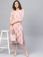 Women Pink & Teal Blue Printed Kurta with Palazzos
