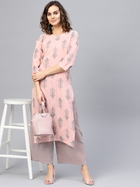 Women Pink & Teal Blue Printed Kurta with Palazzos