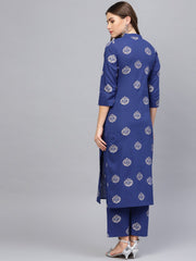 Women Blue & Golden Printed Kurta with Palazzos