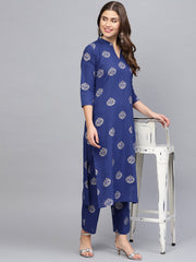 Women Blue & Golden Printed Kurta with Palazzos
