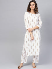 Women Off-White & Golden Printed Kurta with Trousers