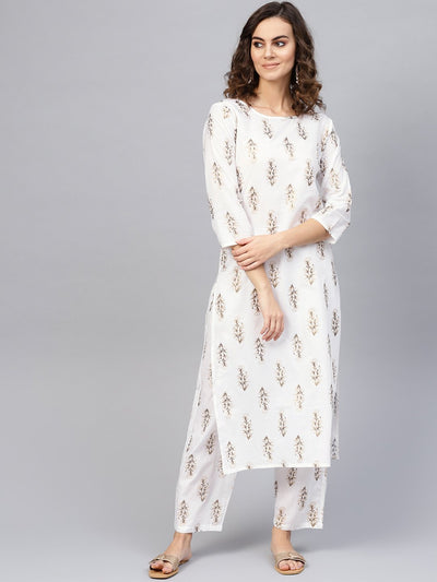 Women Off-White & Golden Printed Kurta with Trousers