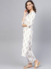 Women Off-White & Golden Printed Kurta with Trousers
