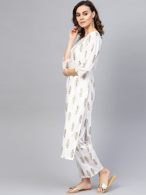 Women Off-White & Golden Printed Kurta with Trousers