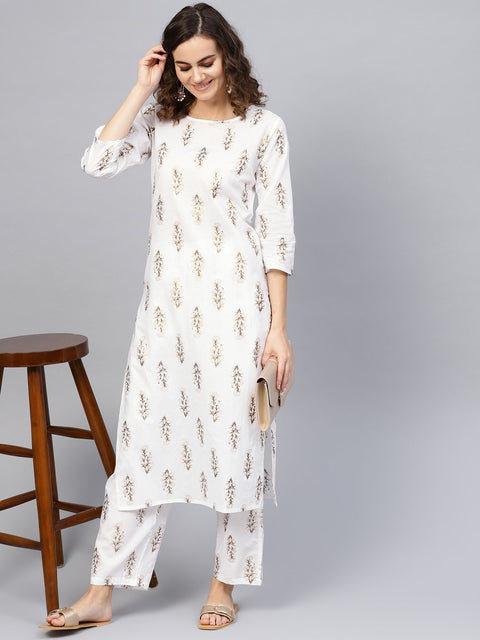 Women Off-White & Golden Printed Kurta with Trousers