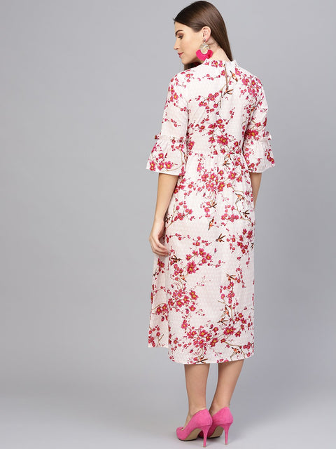 Women Off-White & Pink Printed Empire Dress