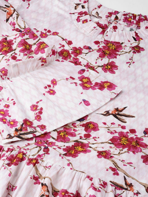 Women Off-White & Pink Printed Empire Dress
