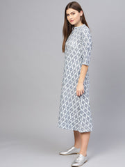 Women Navy Blue & Off-White Printed A-Line Dress