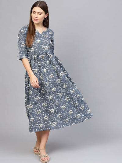 Women Navy Blue & Off-White Printed A-Line Dress