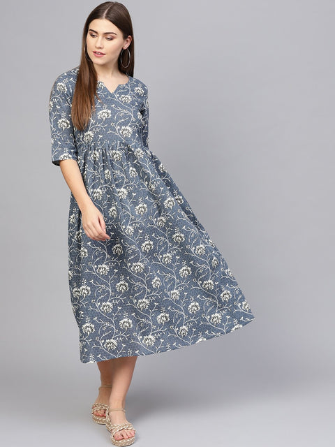 Women Navy Blue & Off-White Printed A-Line Dress