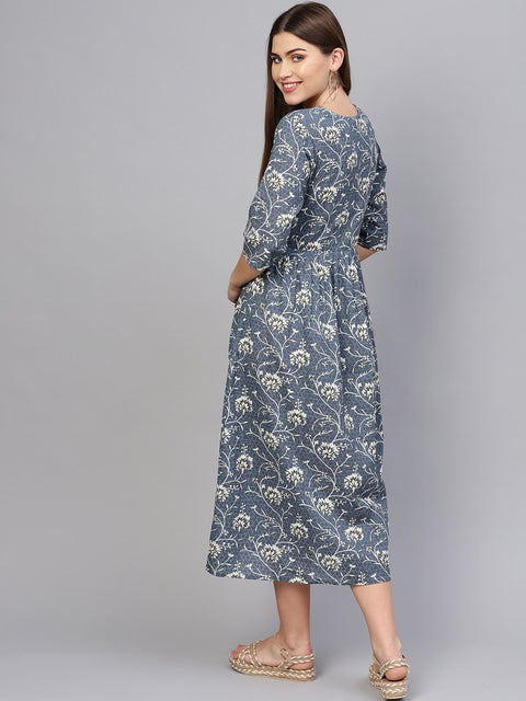Women Navy Blue & Off-White Printed A-Line Dress