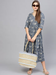 Women Navy Blue & Off-White Printed A-Line Dress