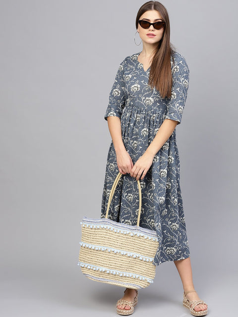 Women Navy Blue & Off-White Printed A-Line Dress