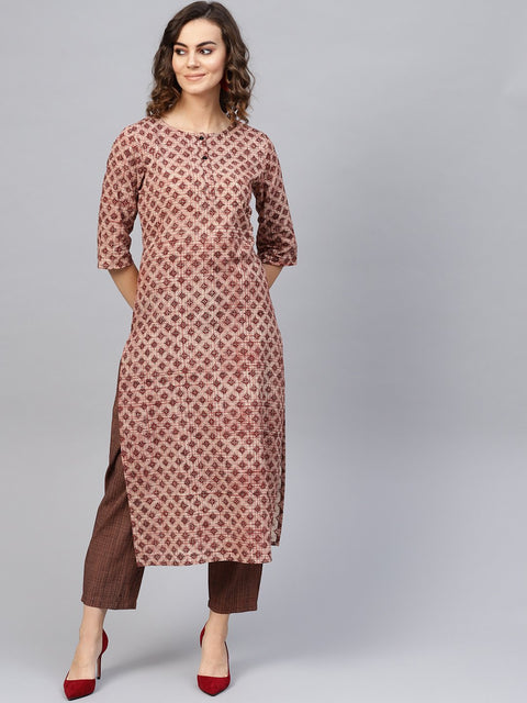 Women Beige & Brown Printed Kurta with Trousers