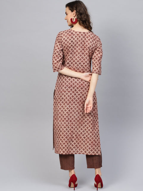 Women Beige & Brown Printed Kurta with Trousers
