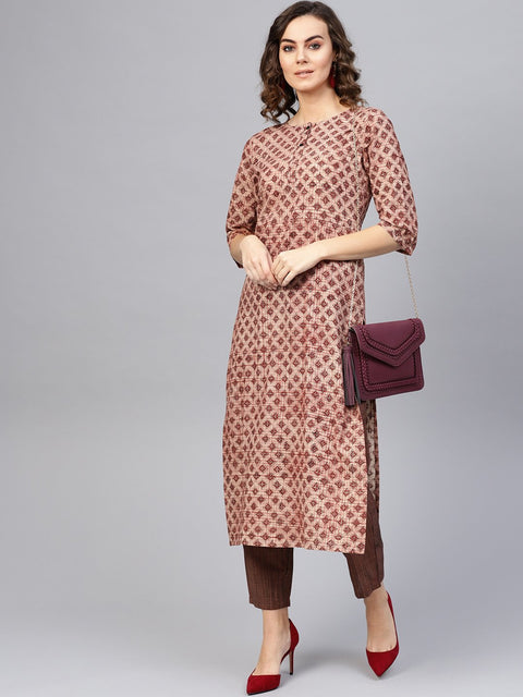Women Beige & Brown Printed Kurta with Trousers
