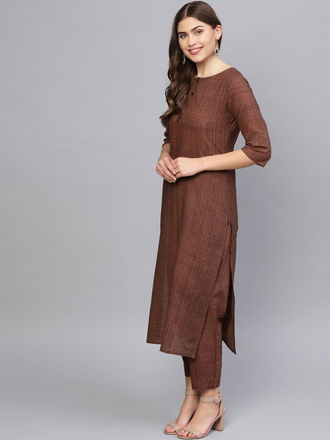 Women Brown Printed Kurta with Trousers