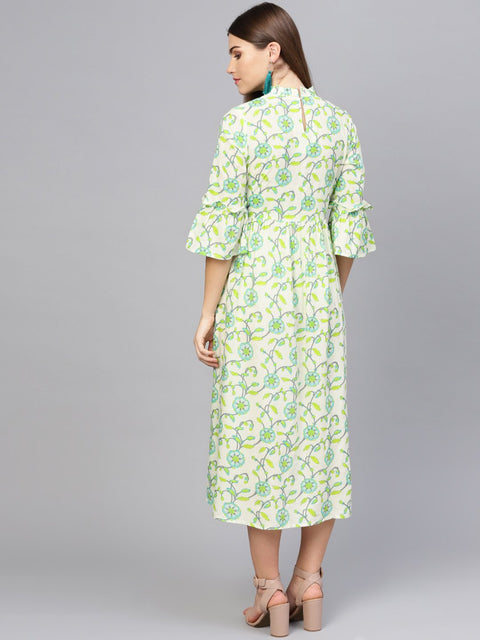 Women Cream-Coloured & Green Printed A-Line Dress