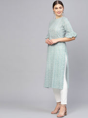 Women Grey & White Printed Straight Kurta