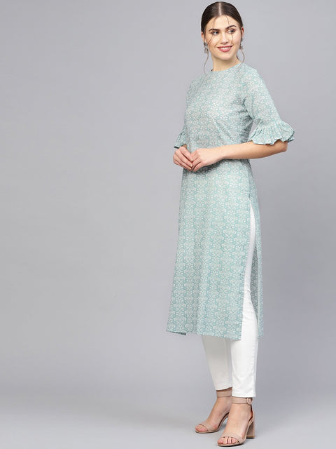 Women Grey & White Printed Straight Kurta