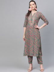 Sage Green with multi Floral printed kurta set with gota detailing