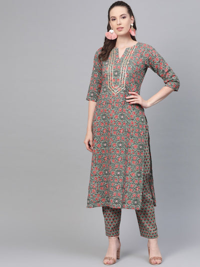 Sage Green with multi Floral printed kurta set with gota detailing