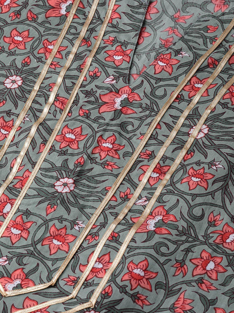 Sage Green with multi Floral printed kurta set with gota detailing