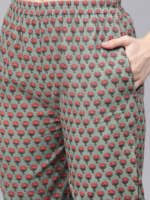 Sage Green with multi Floral printed kurta set with gota detailing