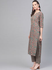 Sage Green with multi Floral printed kurta set with gota detailing