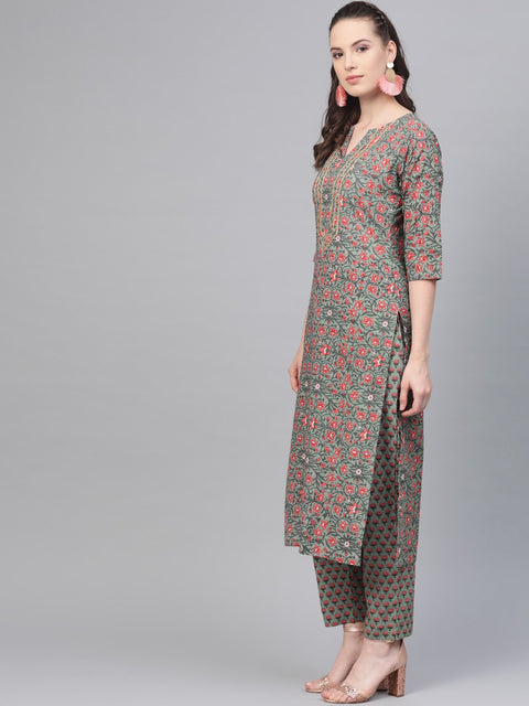 Sage Green with multi Floral printed kurta set with gota detailing