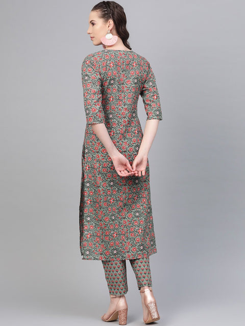 Sage Green with multi Floral printed kurta set with gota detailing