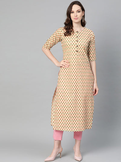 Beige with multi floral printed kurta with buttons detailing