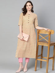 Beige with multi floral printed kurta with buttons detailing