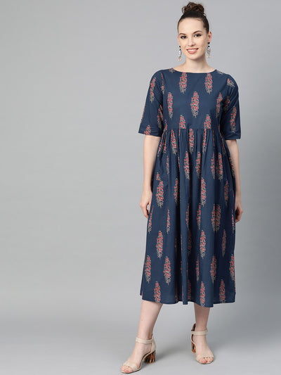 Cobalt Blue & red printed floral maxi dress Round neck & half sleeves