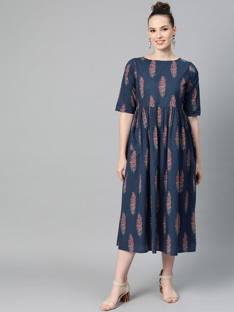 Cobalt Blue & red printed floral maxi dress Round neck & half sleeves