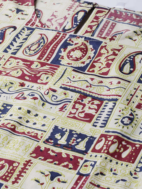 Beige with multi colored abstract print kurta with solid navy blue pallazos