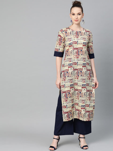 Beige with multi colored abstract print kurta with solid navy blue pallazos