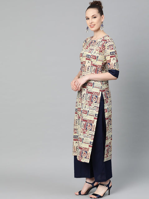 Beige with multi colored abstract print kurta with solid navy blue pallazos
