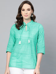 Solid Green self printed top with dori work at yoke