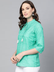 Solid Green self printed top with dori work at yoke