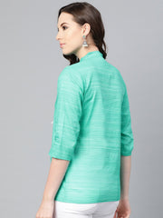 Solid Green self printed top with dori work at yoke