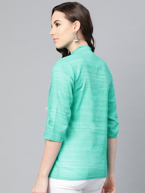 Solid Green self printed top with dori work at yoke