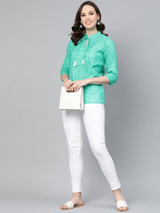 Solid Green self printed top with dori work at yoke