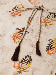 Beige with multi colored floral kurta with solid chocolate brown pants